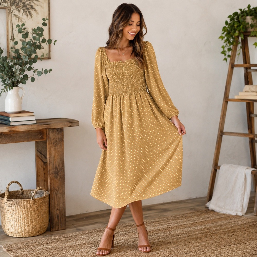 Downeast Tan Diamond Polka Dot Smocked Midi Dress XS Long Balloon Sleeve Pockets